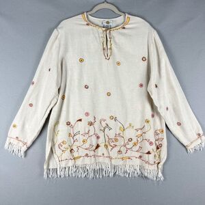 Sandy Starkman Tunic Top Women 1X Embroidered Beaded Fringe Floral Peasant Artsy